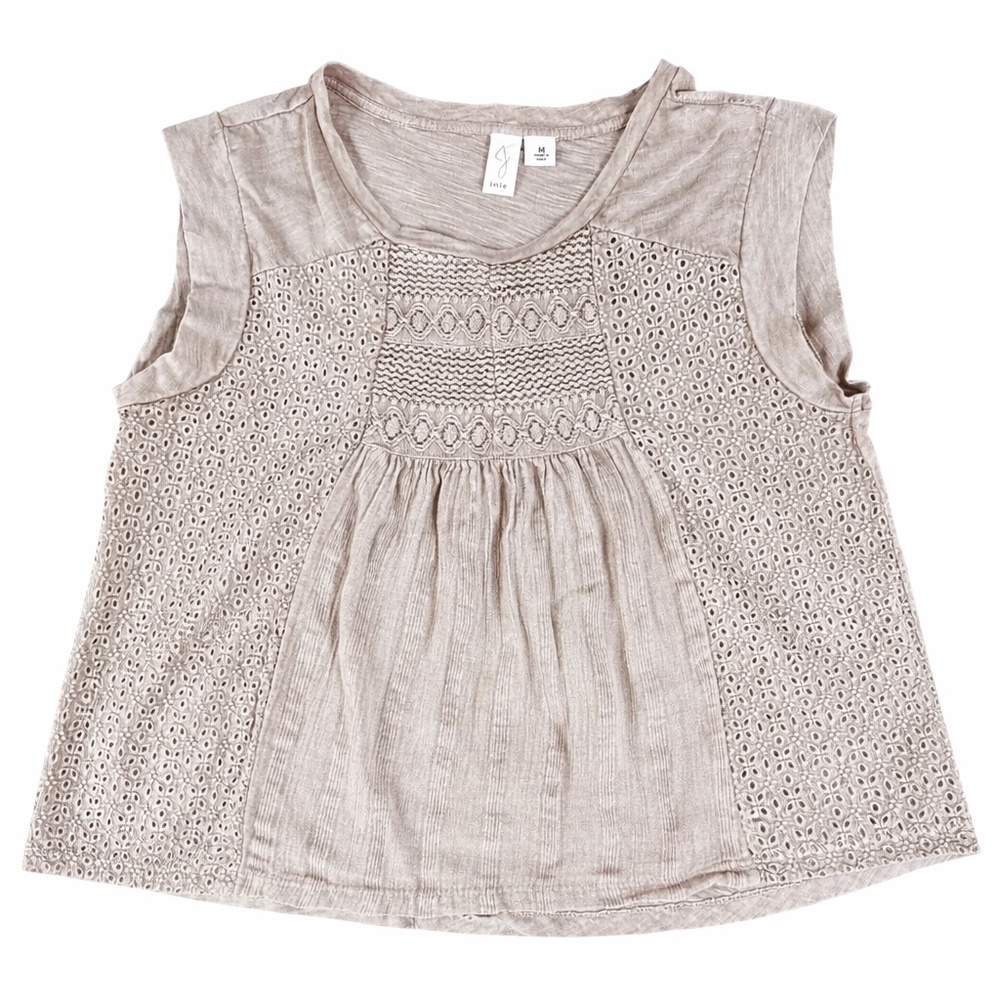 Joie Brown Lace Panel Boho Blouse Size Medium Textured Smocked Top